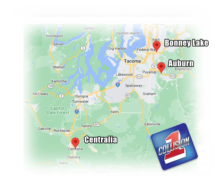 On a section of Washington state with faded edges, highlights, Auburn, Bonney Lake, Centralia, in an promotional image for auto body collision repair shops.